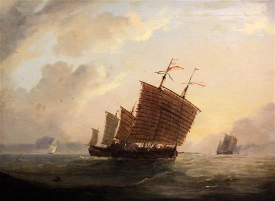 Anglo-Chinese School (19th century) English clipper exchanging fire with a junk and junks at sea 17 x 23in.